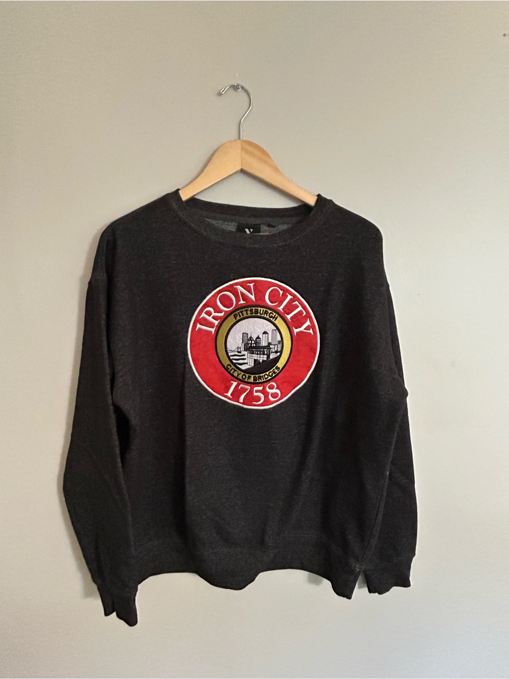 Gildan Black Crewneck Sweatshirt with Red and White Iron City Patch
